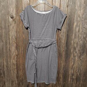 Miselon M Midi Dress Blue Black Striped Knit Tie Waist Stretch Short Sleeve